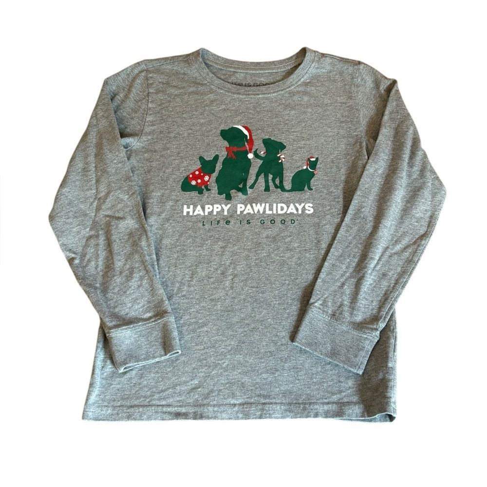 Life Is Good Long Sleeve Crusher Tee Happy Pawlidays Gray Kids Youth Size Large